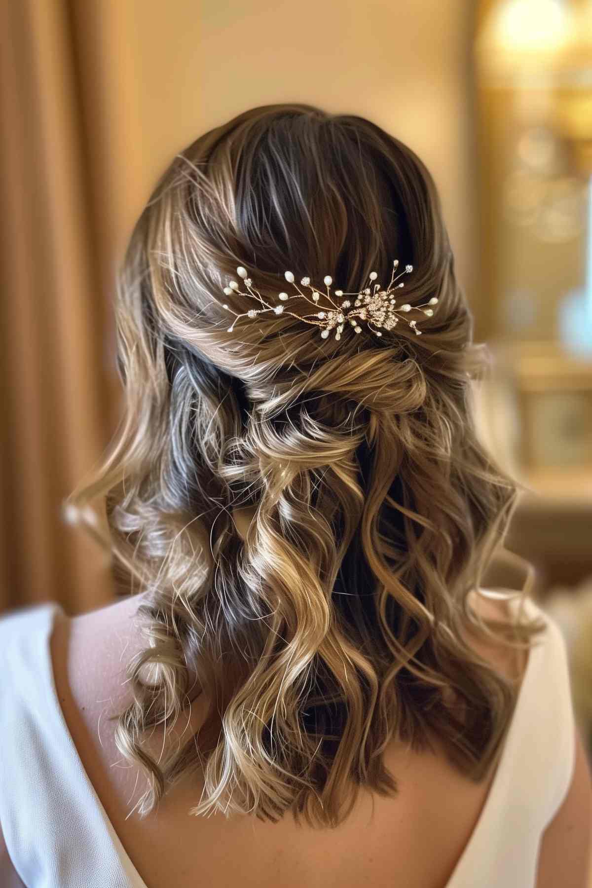 Half-up hairstyle with loose curls and a pearl hairpin