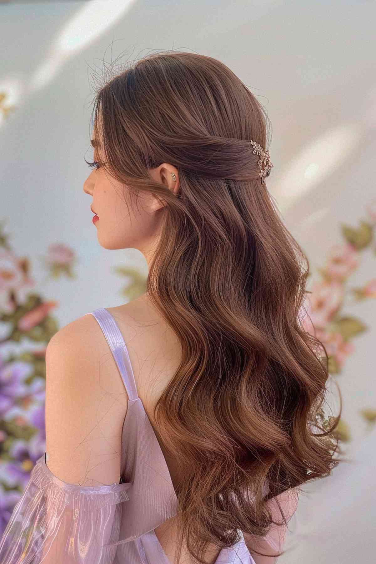 Woman with romantic loose waves and a hair accessory, ideal for a formal event