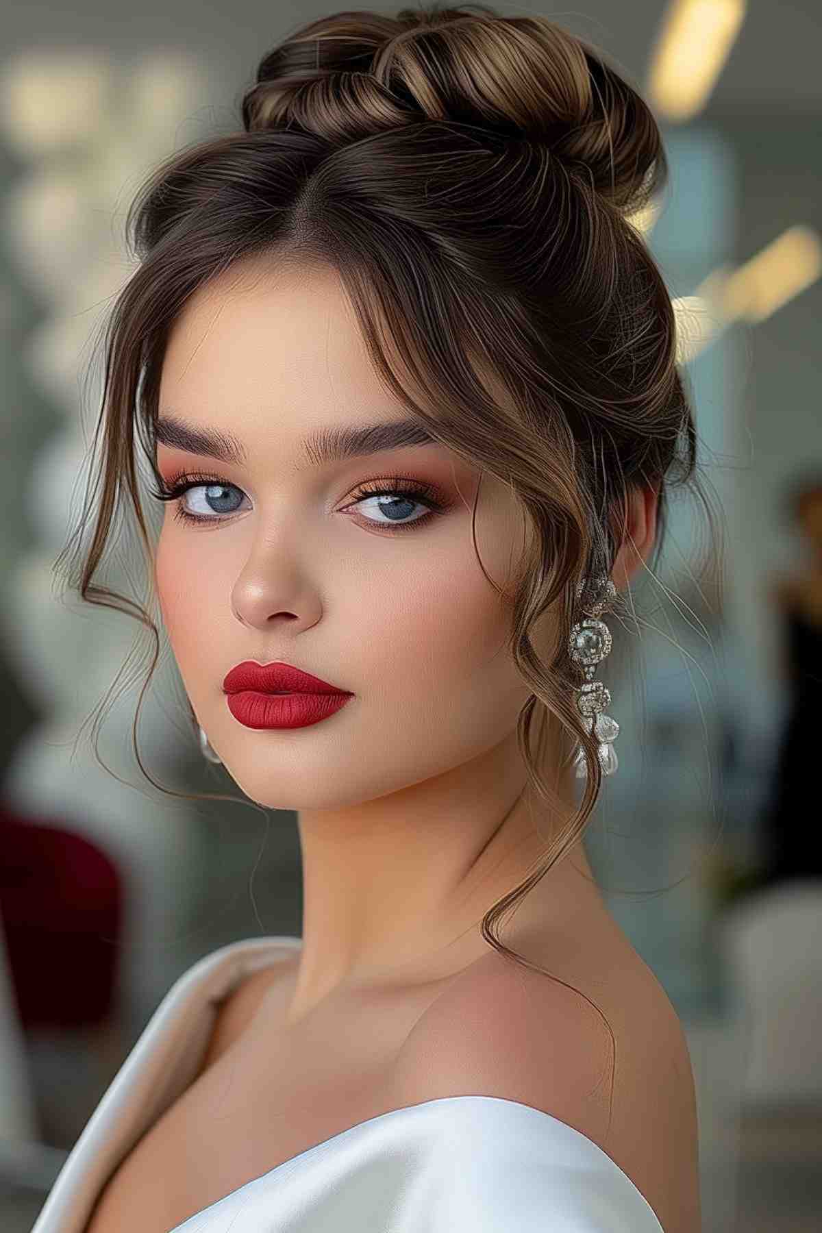Young woman with a romantic textured chignon hairstyle with loose strands framing the face