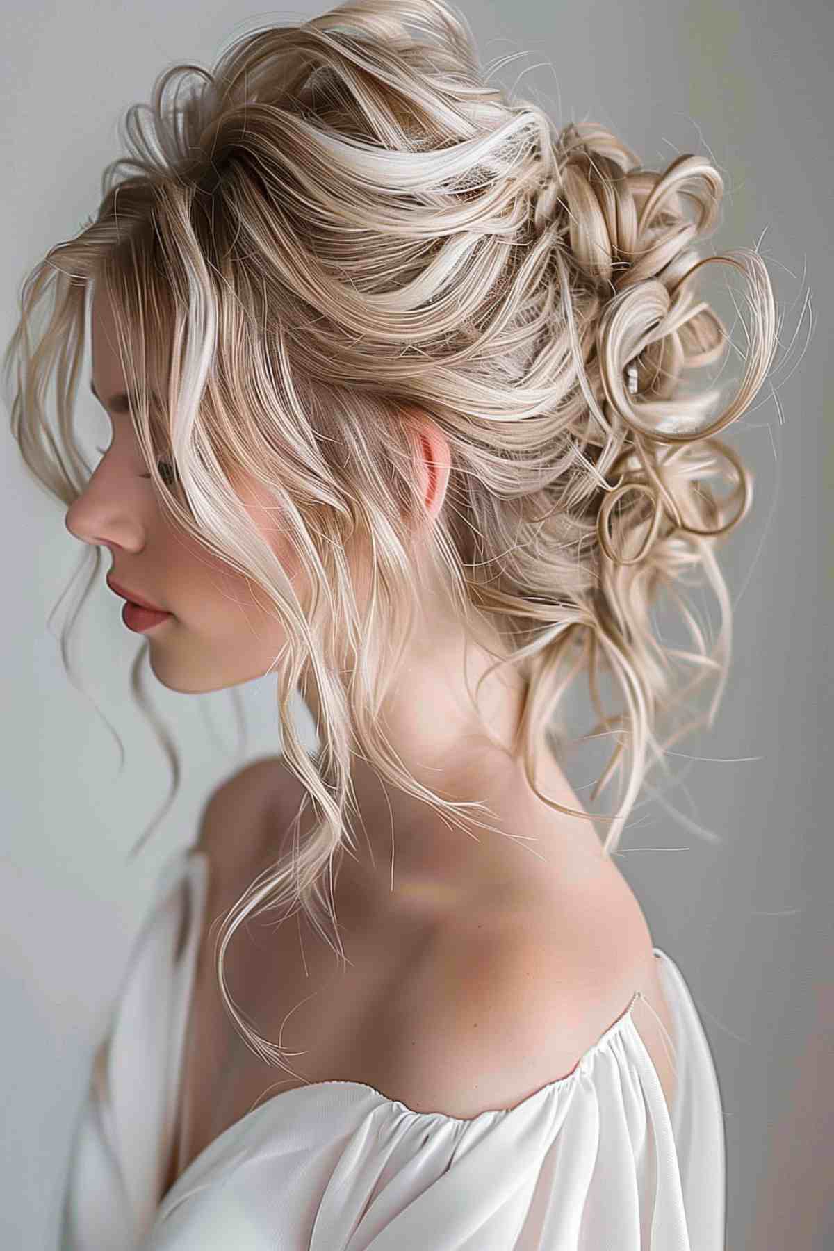 Soft and romantic tousled updo with loosely pinned curls and subtle volume, ideal for medium-length hair.