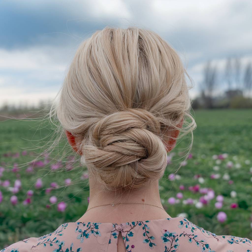 Twisted low bun on blonde hair, romantic spring hairstyle for outdoor events