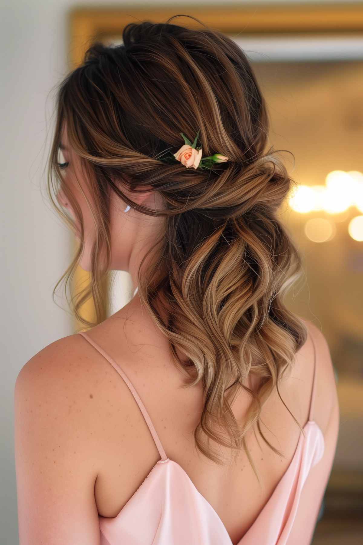 Romantic updo with loose waves and a floral accent for thin hair