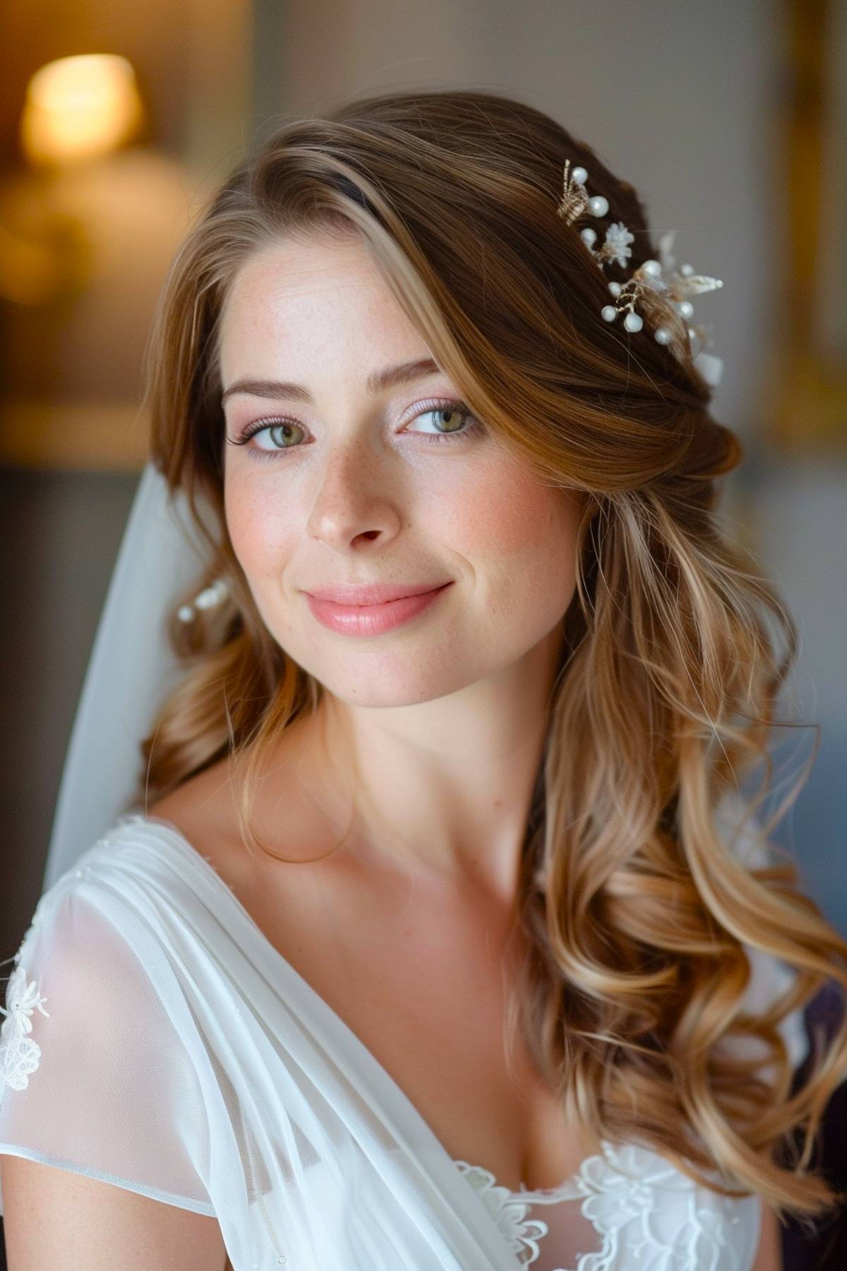 Cascading wavy wedding hairstyle with pearl and crystal accessory