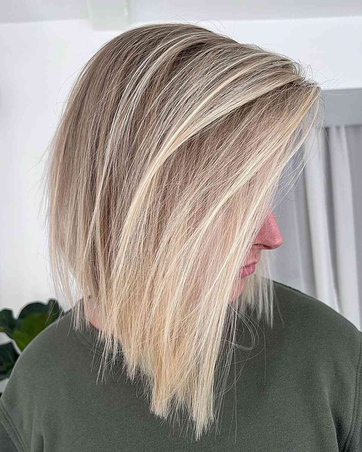 Rooted Blonde Balayage for Neck-length Straight Long Angled Bob