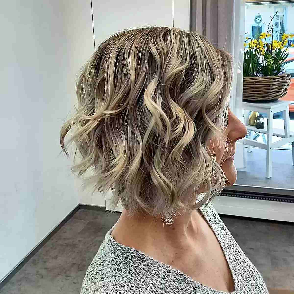 Neck-Length Rooted Blonde Wavy Choppy Bob for 60-year-olds