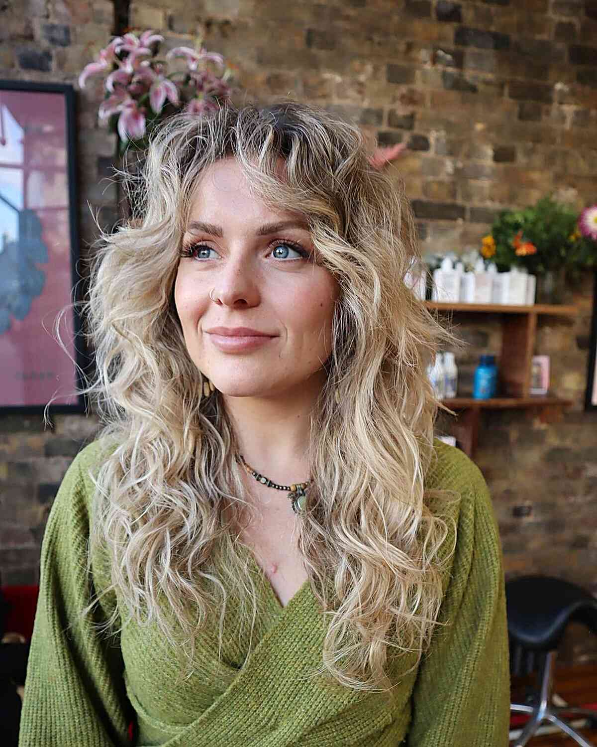 Rooted Blonde Curly Shag Wolf Cut