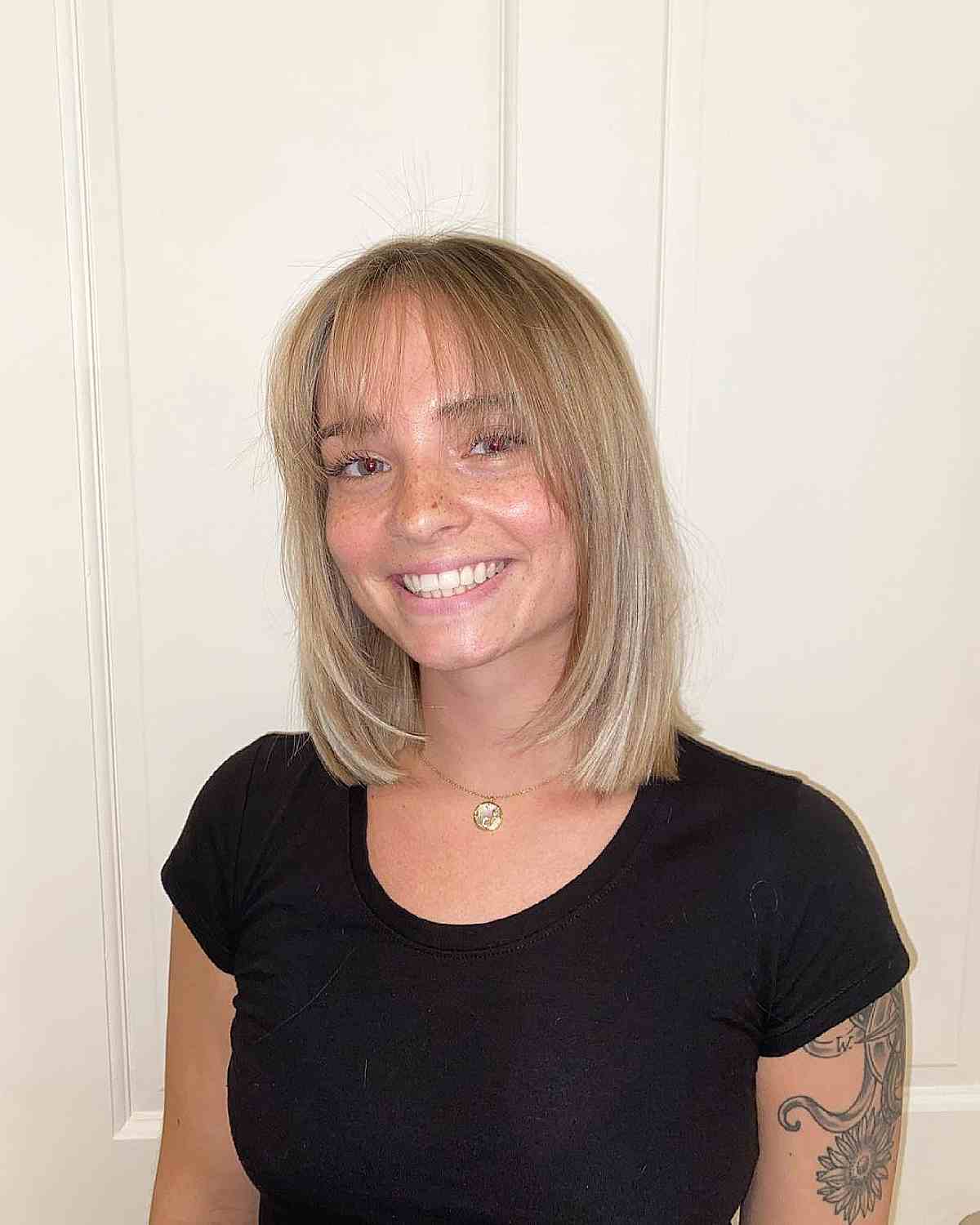 Rooted Blonde Lob with See-Through Bangs for Square Face Shapes