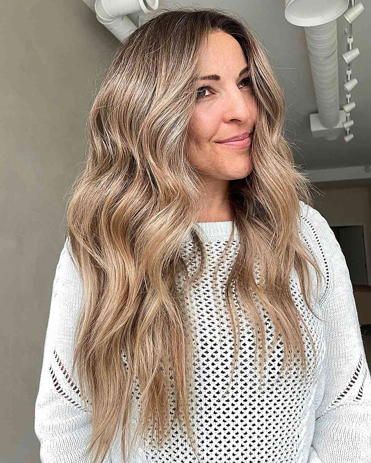 Rooted Dark Blonde Balayage for Long Brunette Hair with Choppy Ends