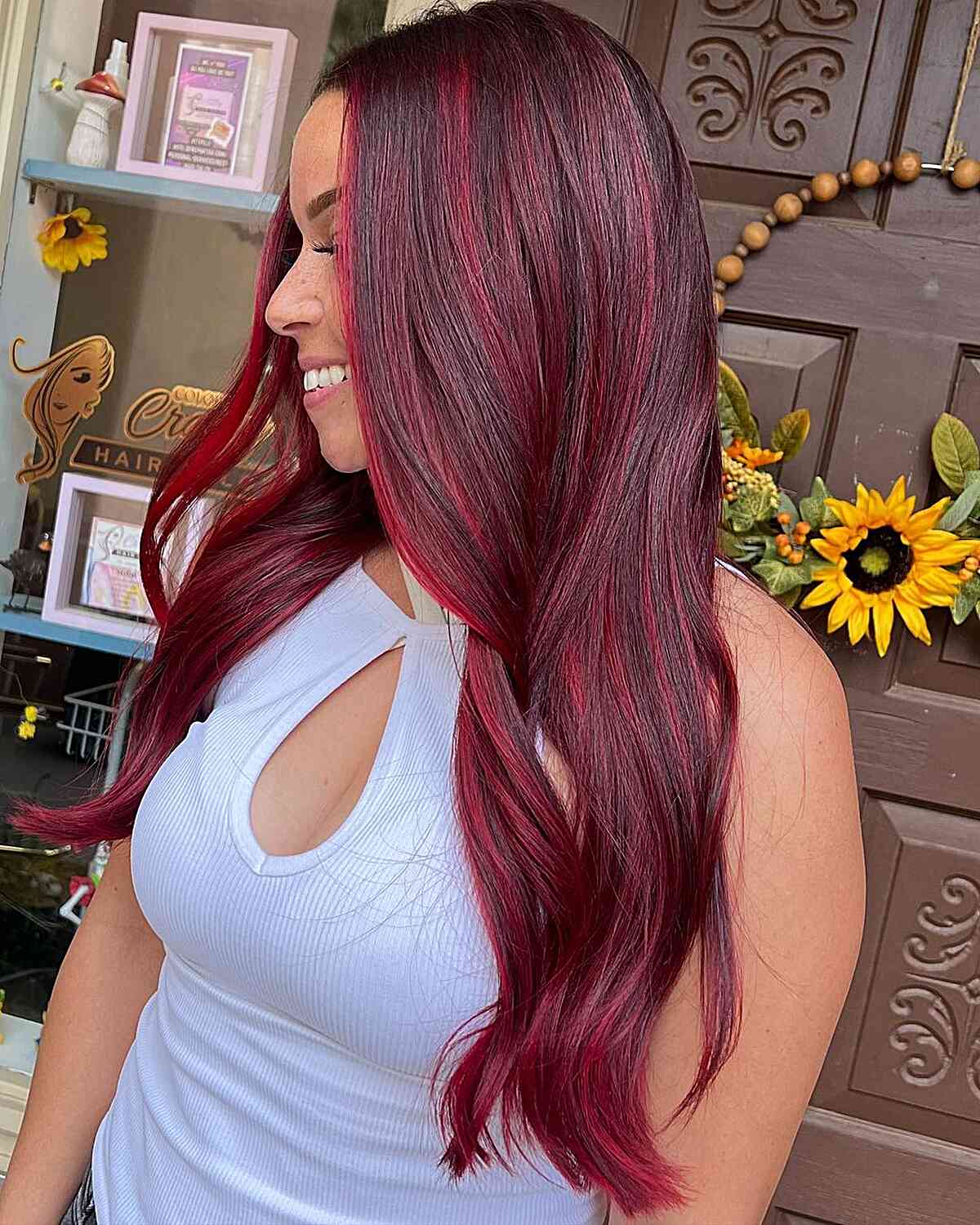 Rooted Deep Red Balayage Highlights on Long Hair