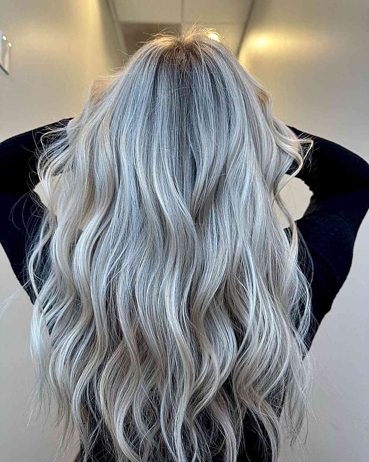 Rooted Frosty Icy Blonde Balayage with Long Loose Waves