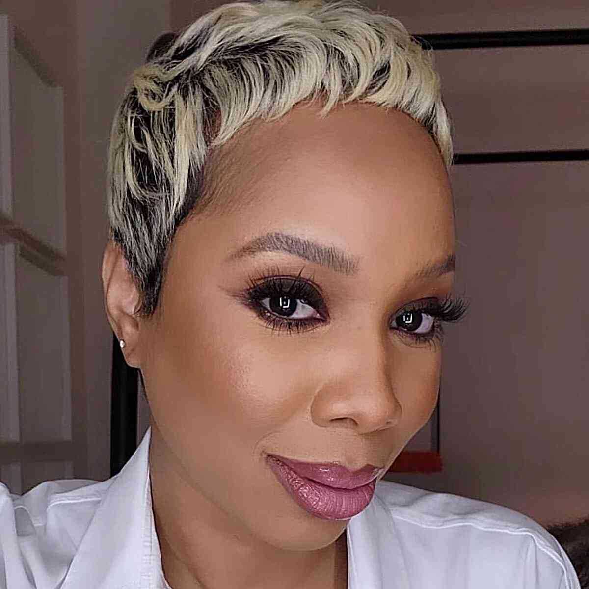 Rooted Platinum Blonde Pixie Cut for black women with short hair and long faces