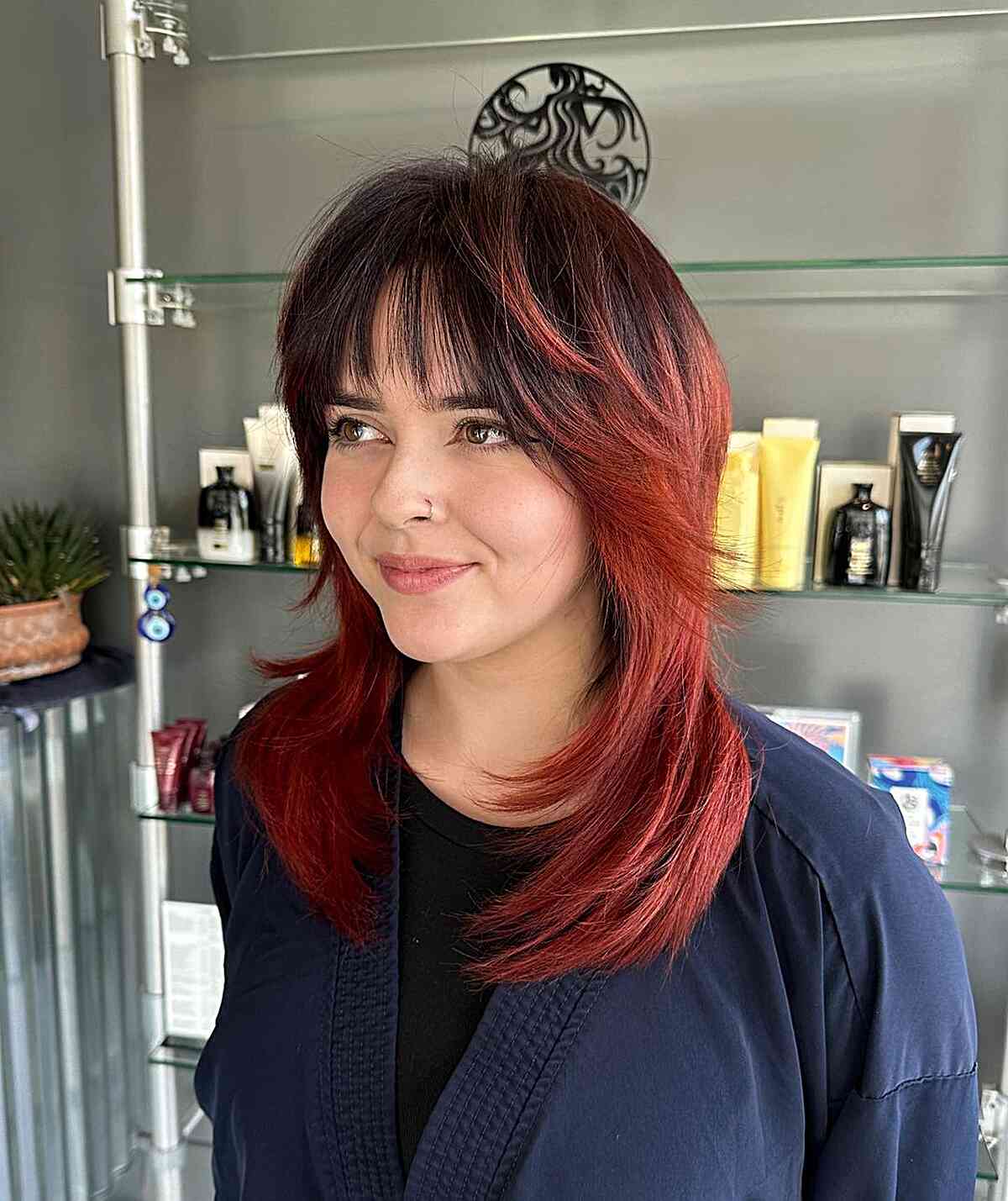 Medium-Length Rooted Red Shag with Piece-y French Bangs