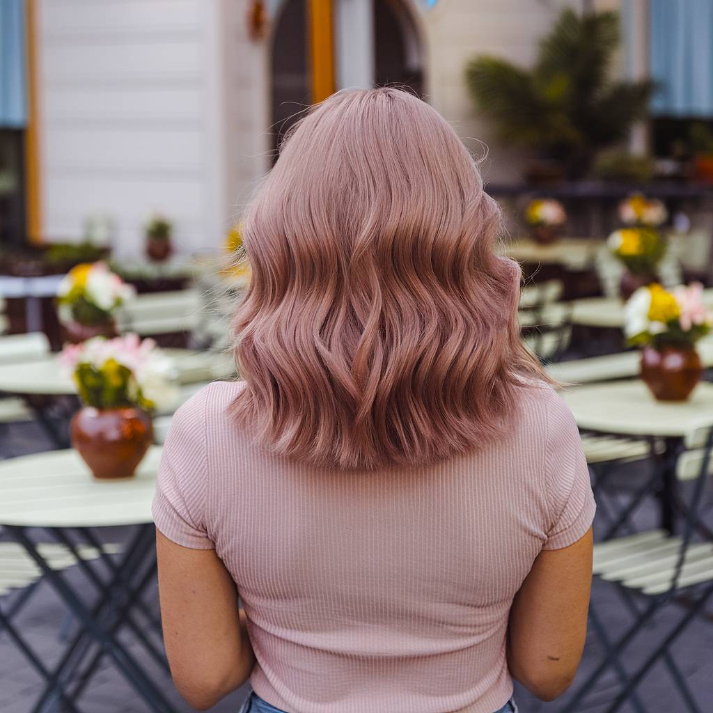 Soft wavy rose gold blonde hair, blending warm pink and golden tones for a fresh spring color