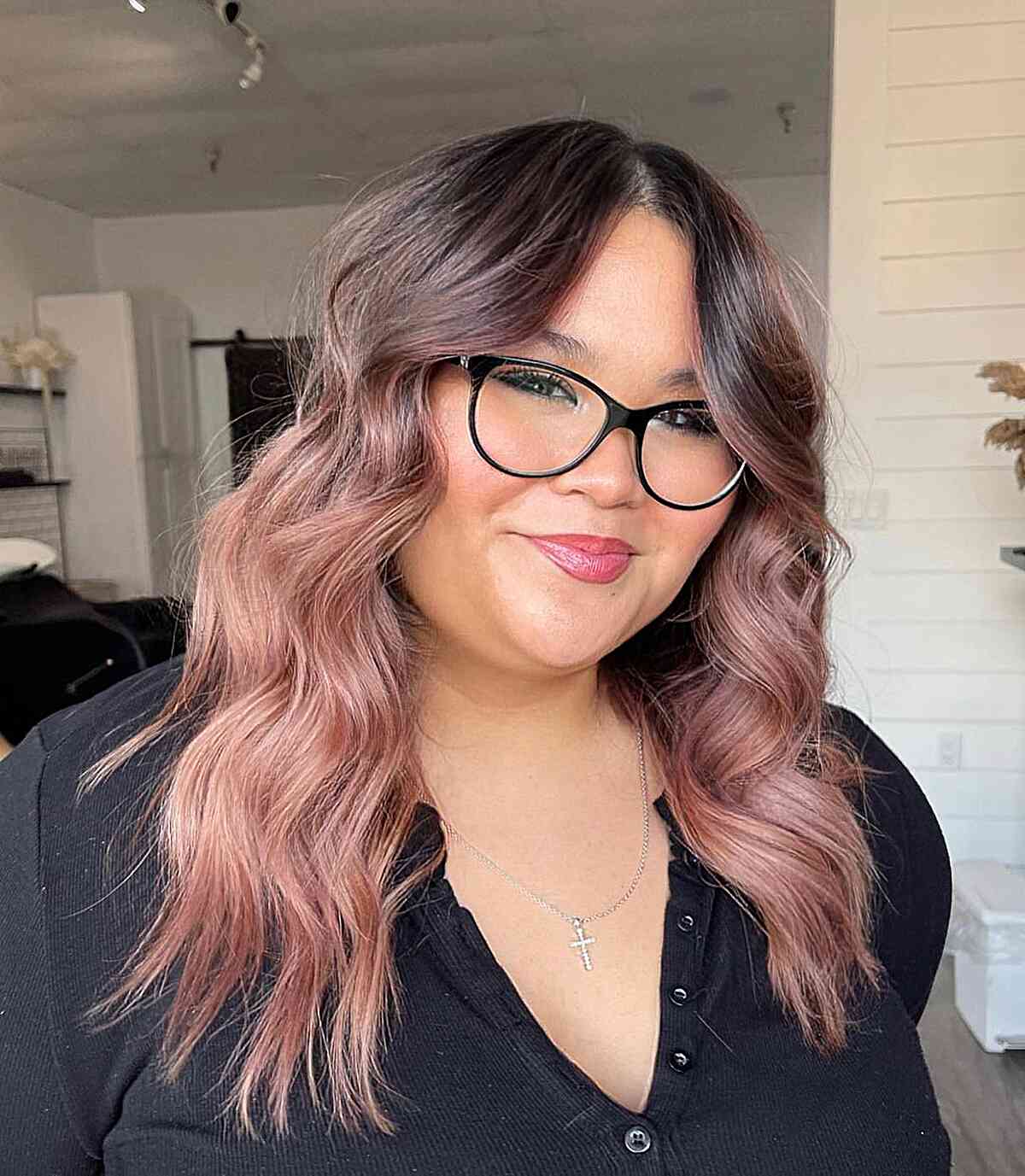 Rose Gold Bronde Balayage for Mid-Length Rooted Hair