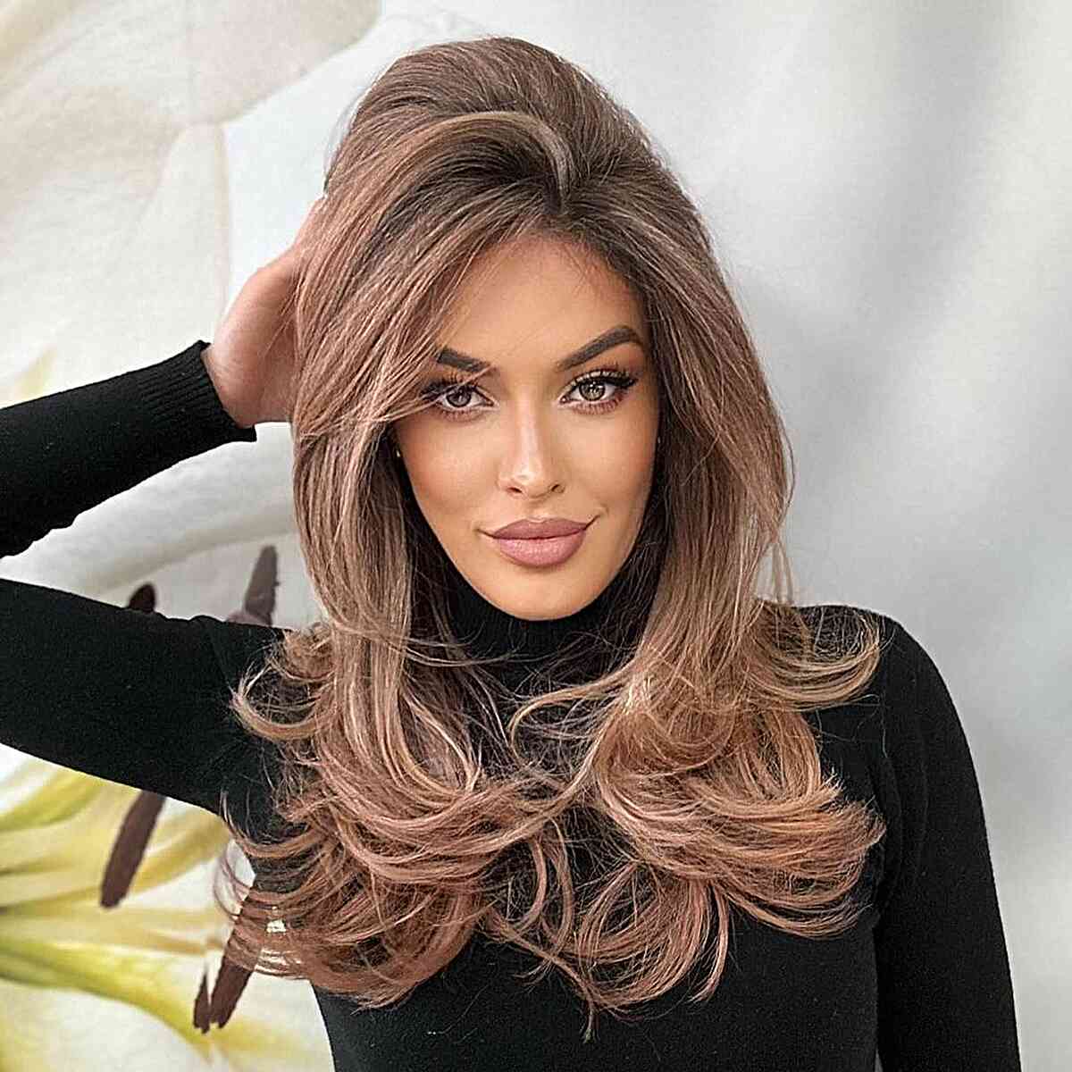 Rose Gold Brunette Hair for Long Faces and for women with medium-length hair