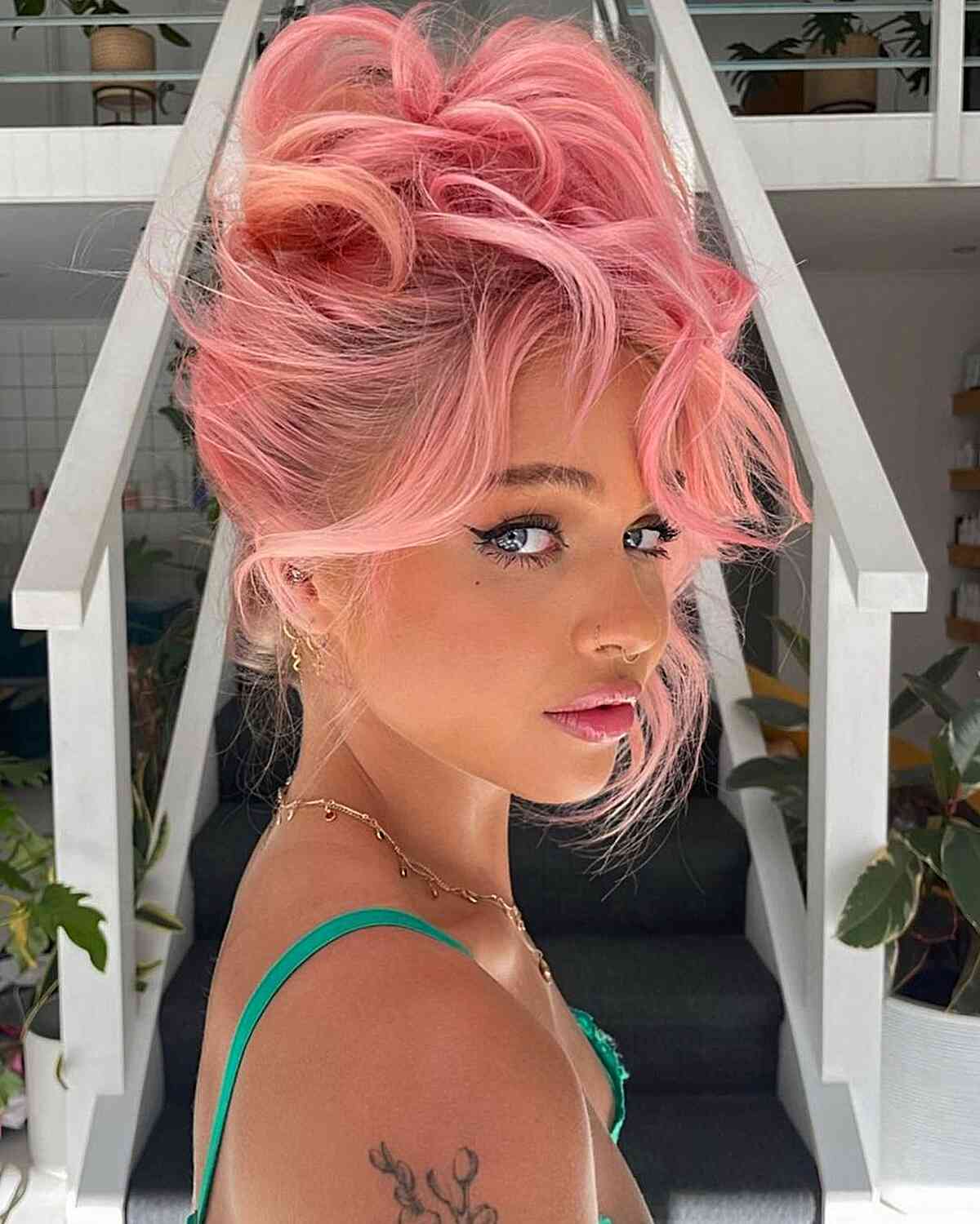 Rose-Pink Toned Loose Updo for Weddings