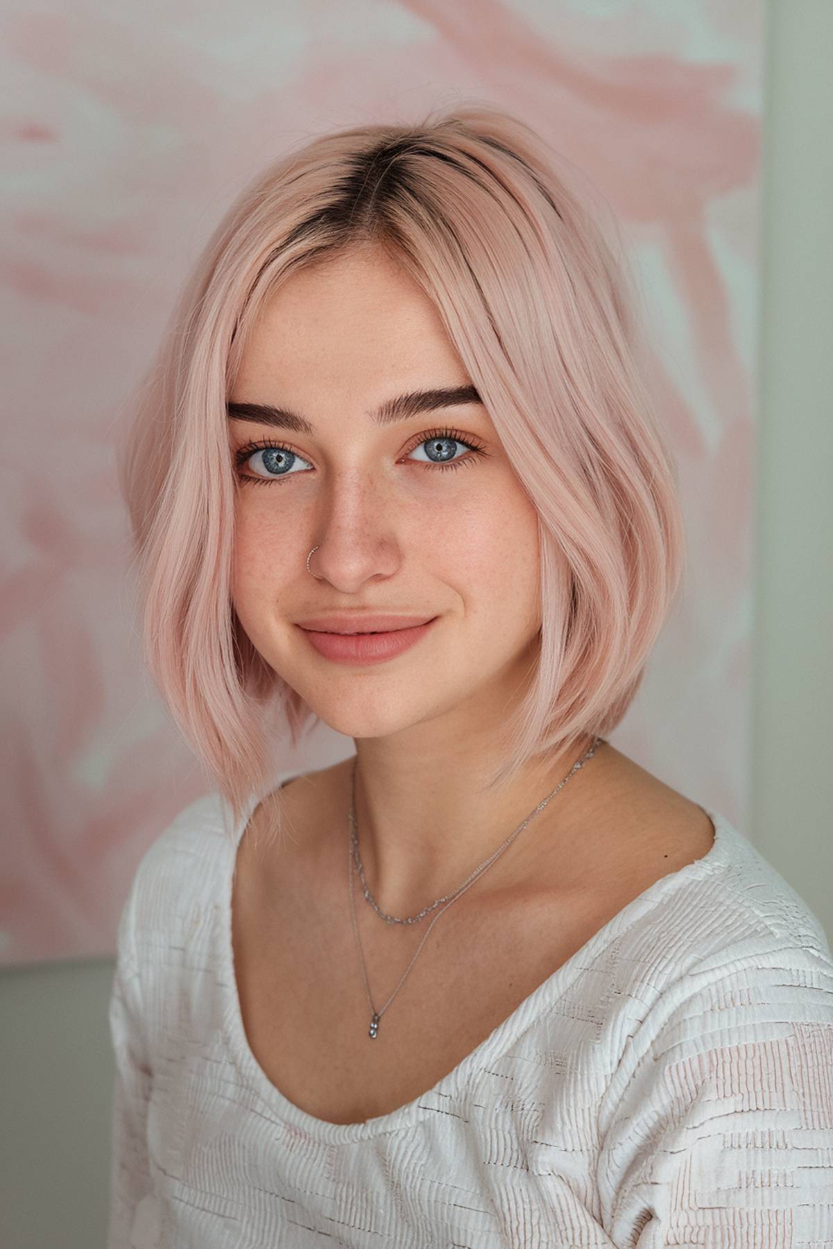 Sleek rose quartz bob with pastel pink hair color and a glossy finish, inspired by crystal tones