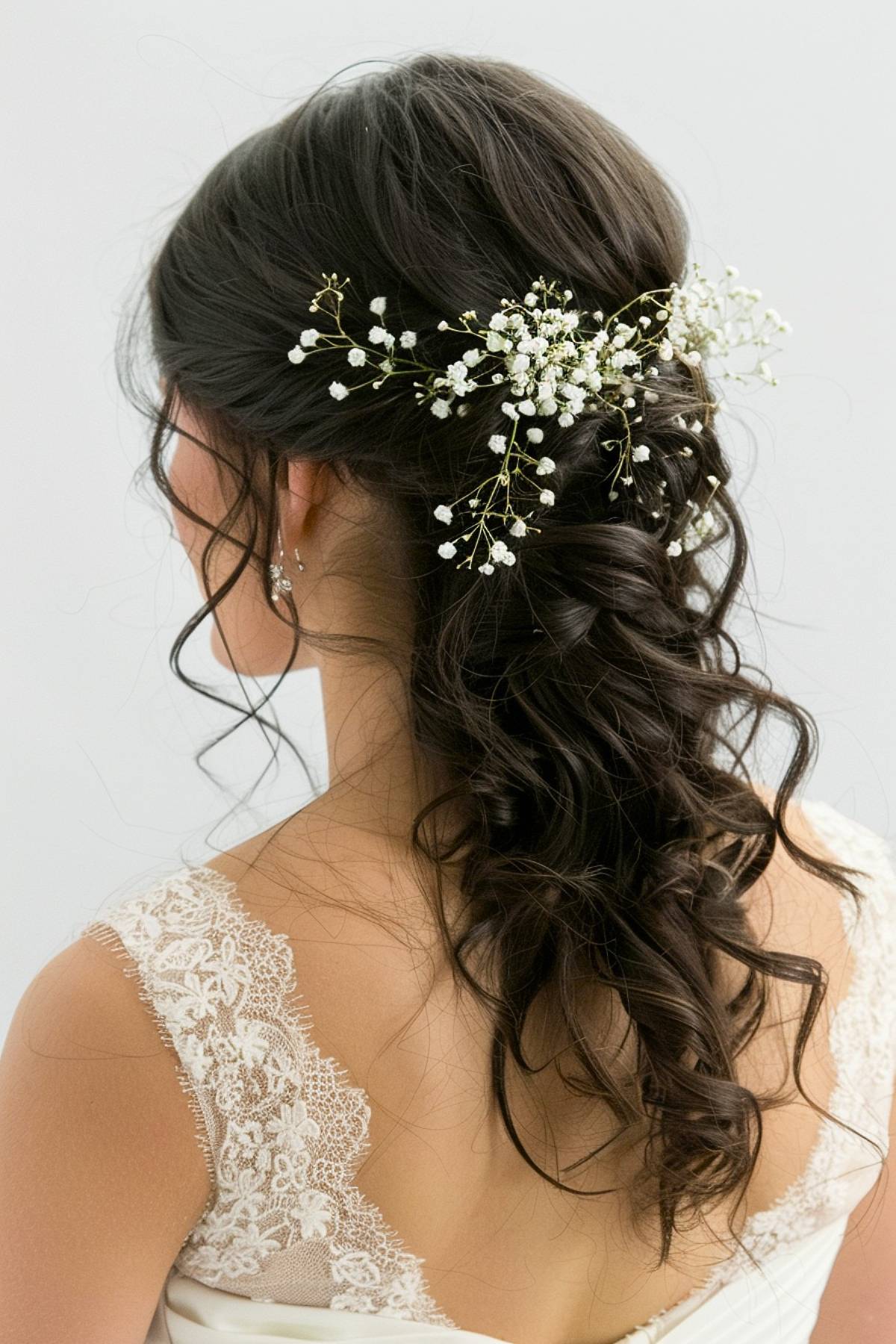 Half-up wedding hairstyle with baby’s breath and curls