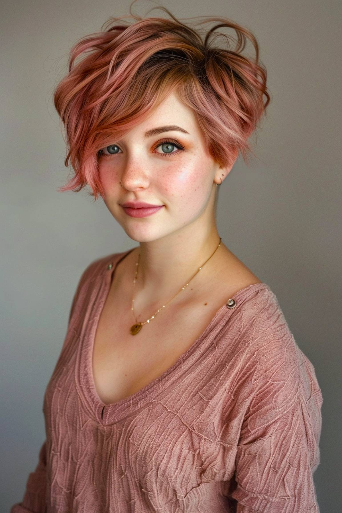 Rosemuse pixie hairstyle featuring textured layers and rose gold tones