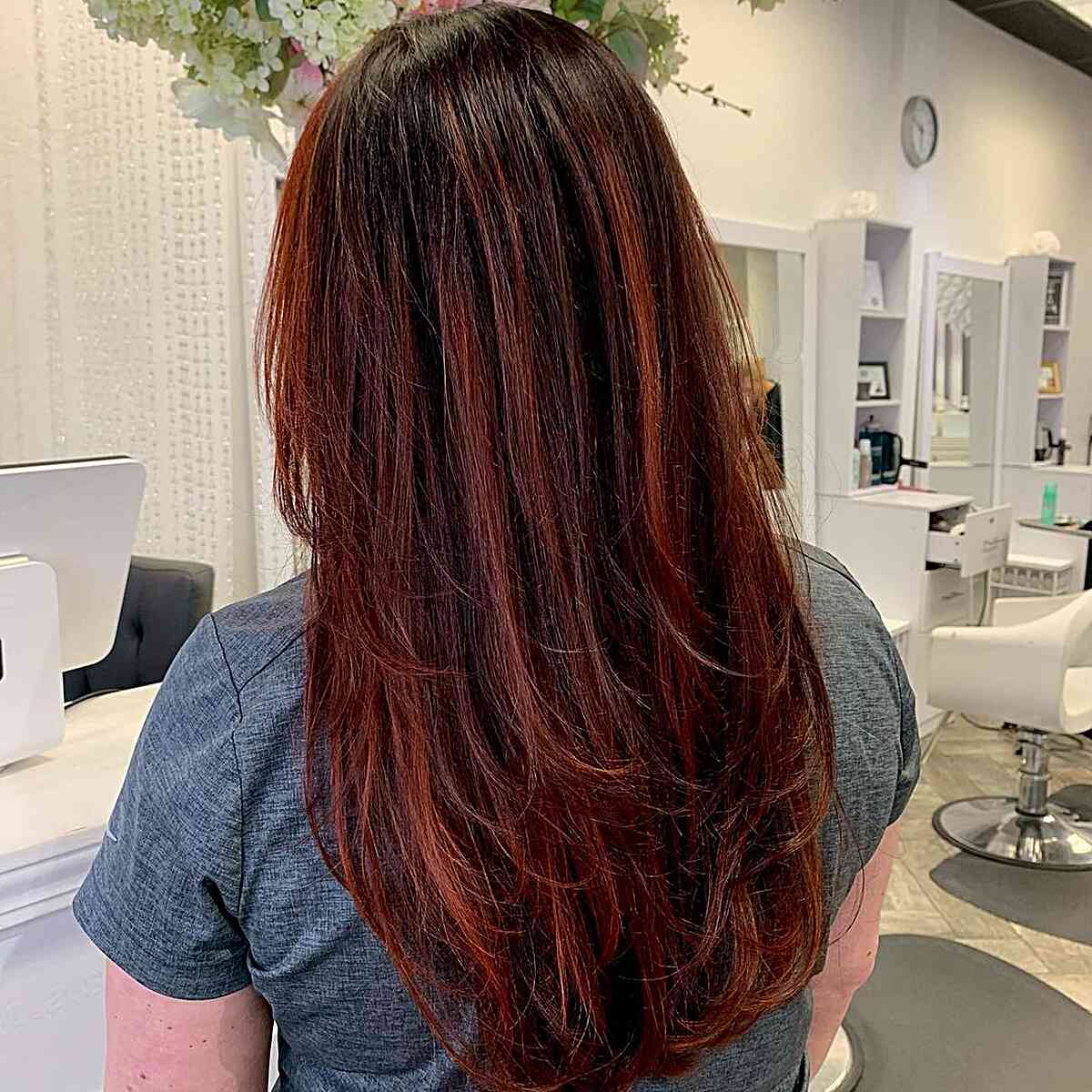 Rosewood Red Chunky Balayage Highlights for Long Dark Brown Hair