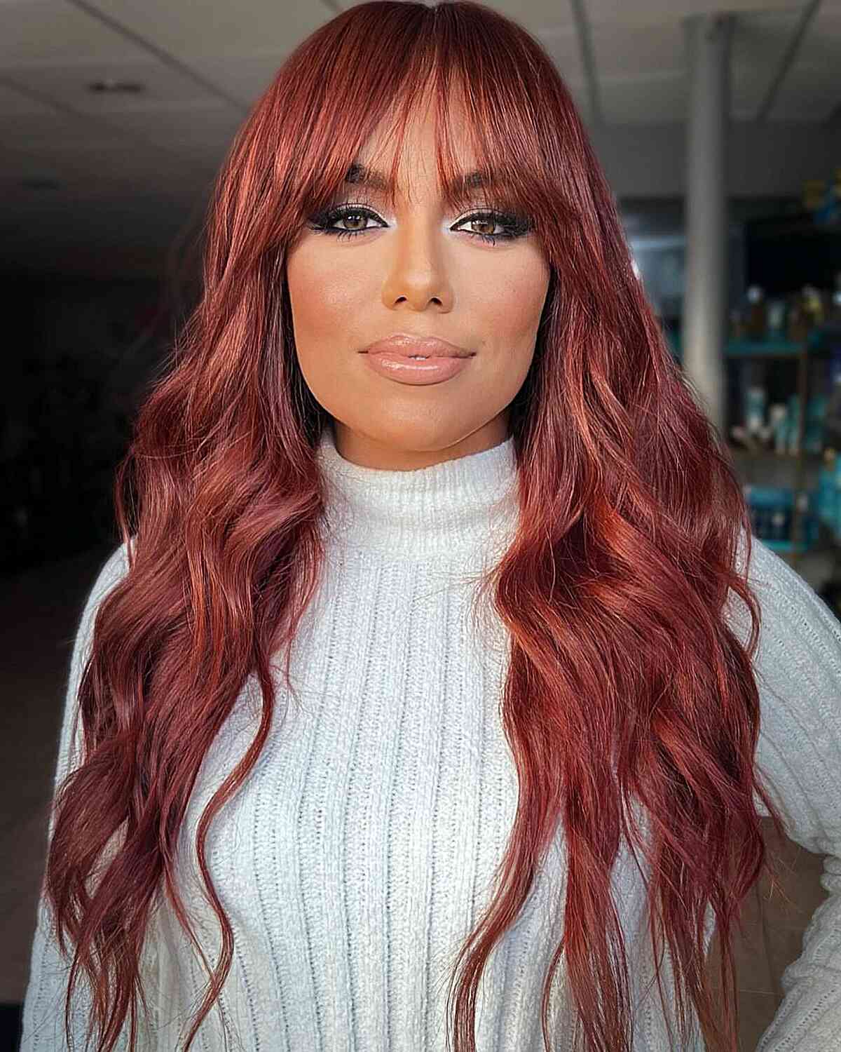 Rosy Red Long Wavy Hair with See-Through Bangs