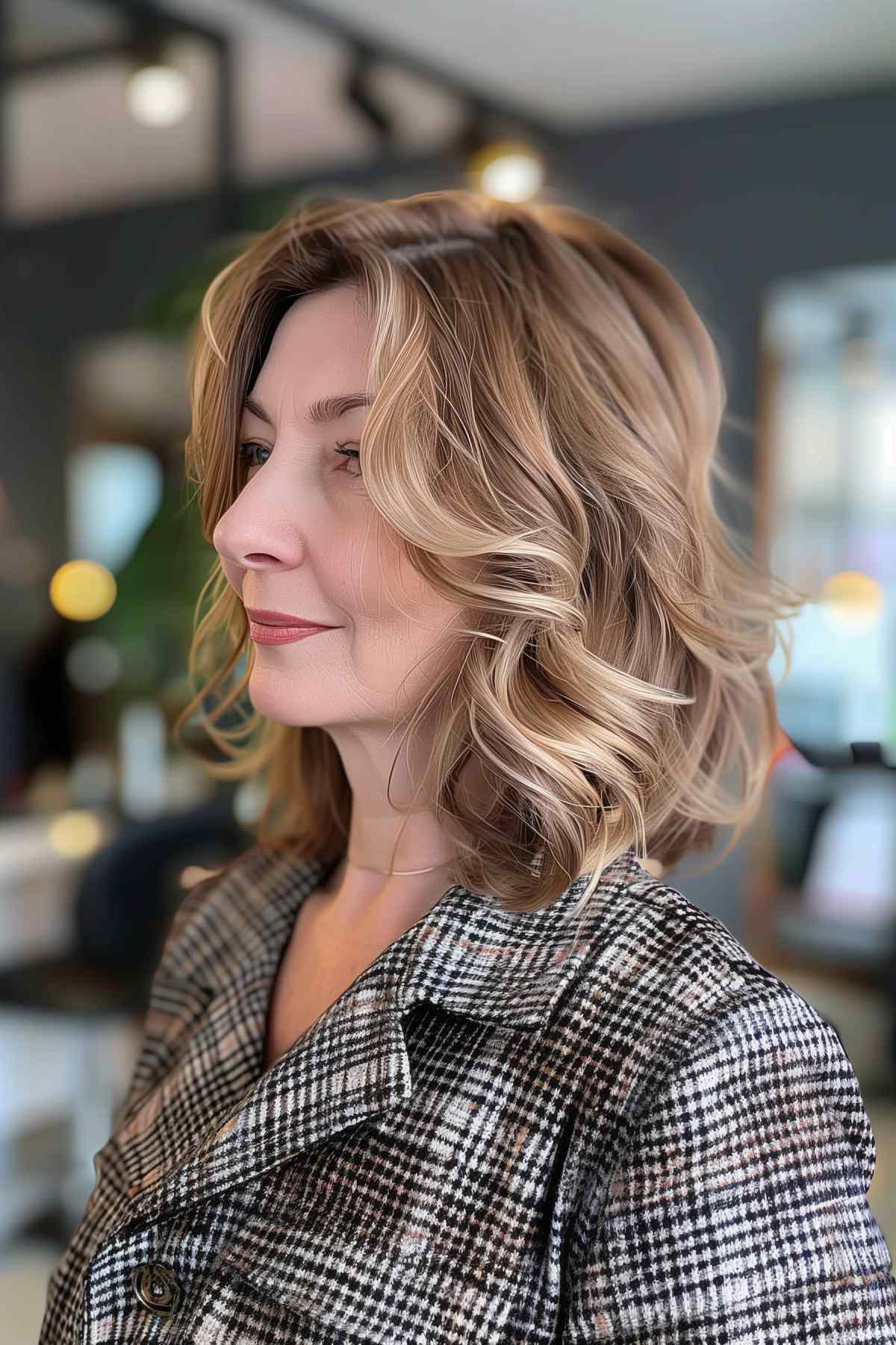 Warm caramel-highlighted round layered haircut on a woman over 50, styled into soft curls that frame the face for a vibrant and youthful look.