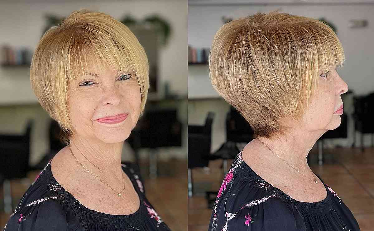 Round Pixie Bob with Eyebrow-Skimming Bangs for Ladies Over 60