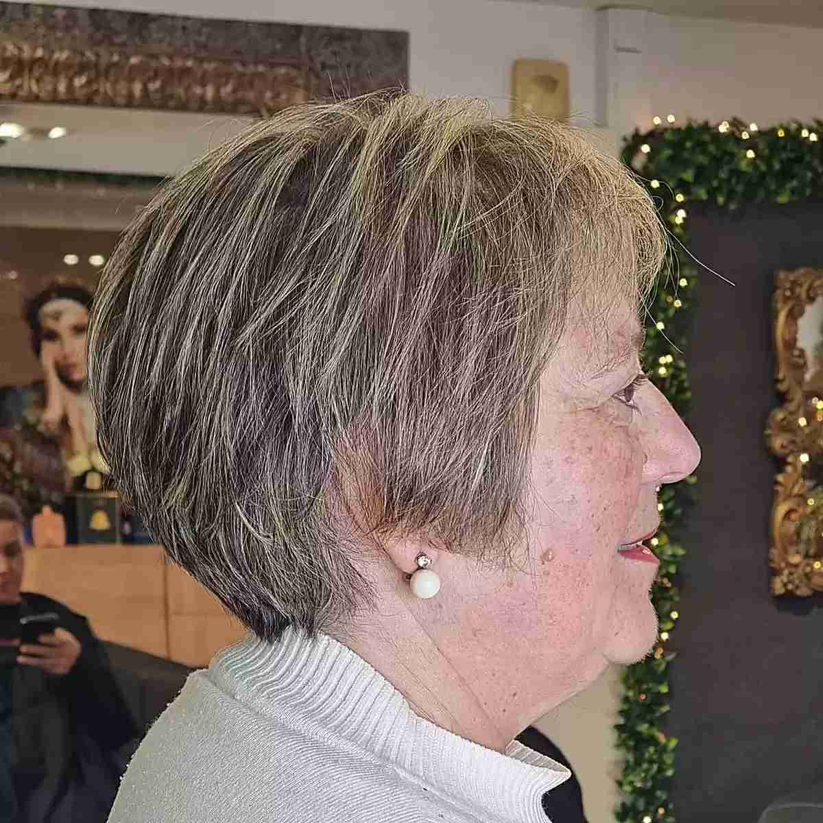 Round Pixie Bob with Subtle Highlights and Layers for Old Women over 60