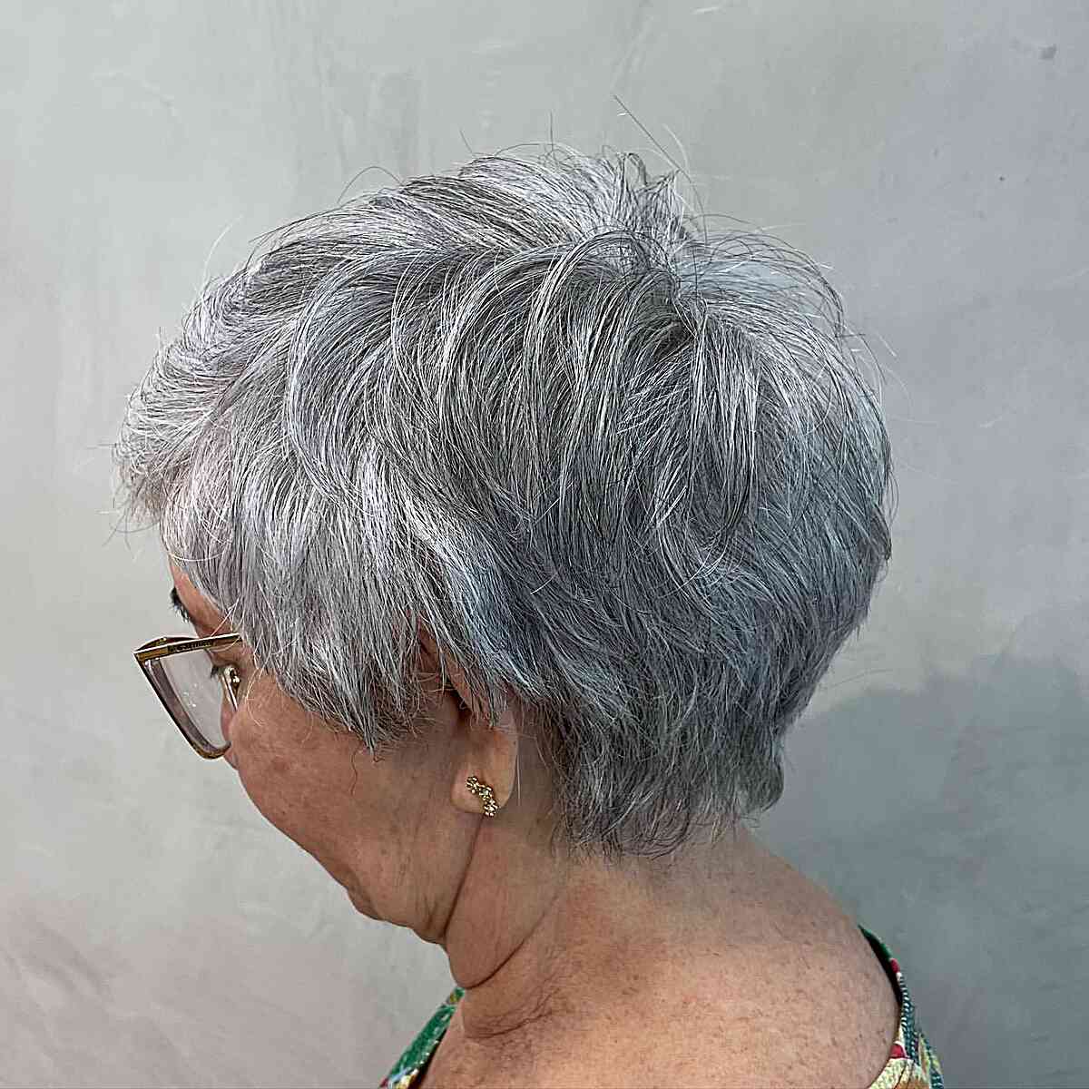 Rounded Pixie for Salt-and-Pepper Short Hair on ladies over 60 who wear glasses