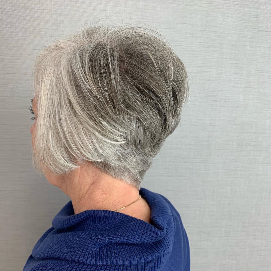 rounded pixie haircut for women 50 years old with grey hair