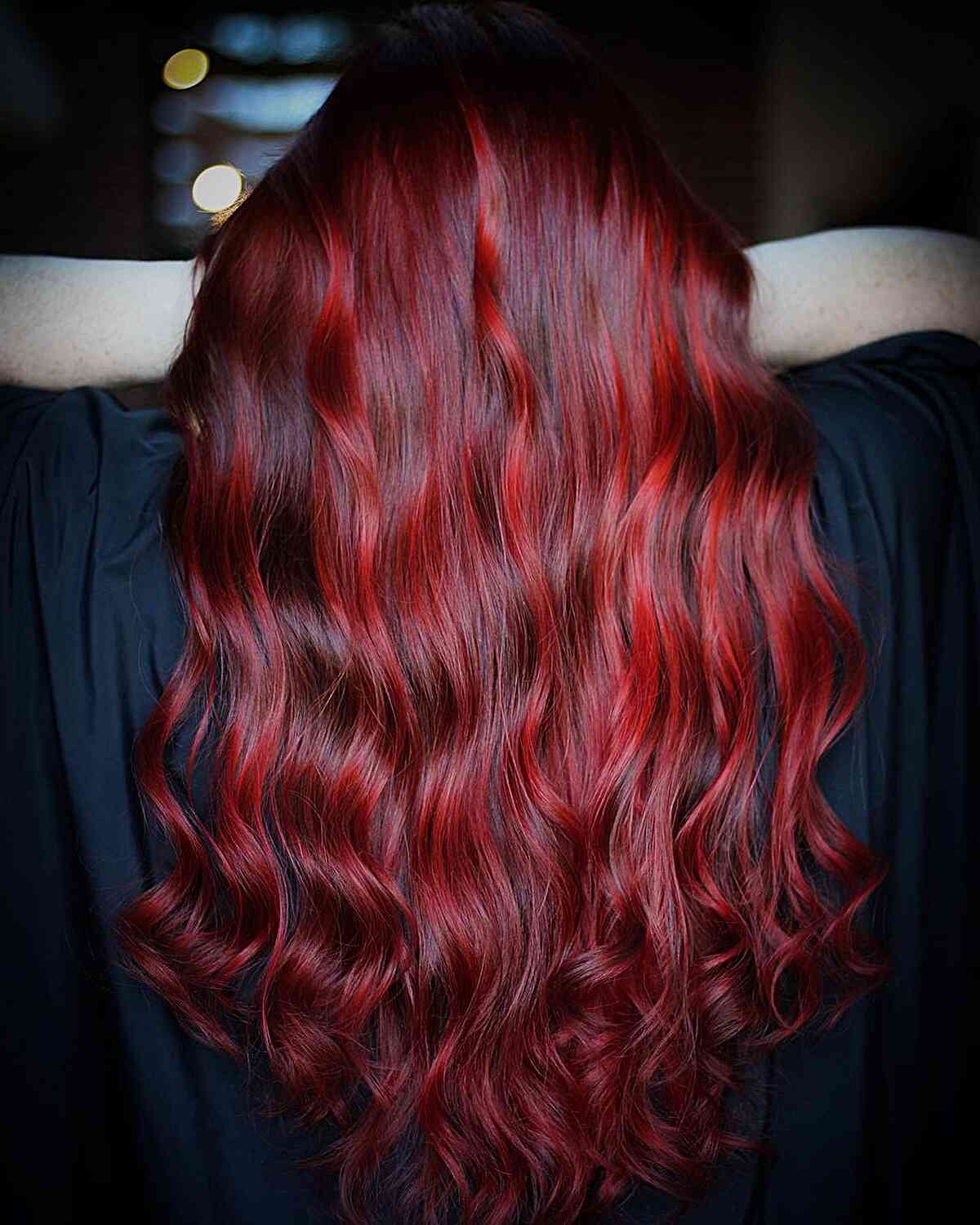 Ruby Red Balayage for long dark hair