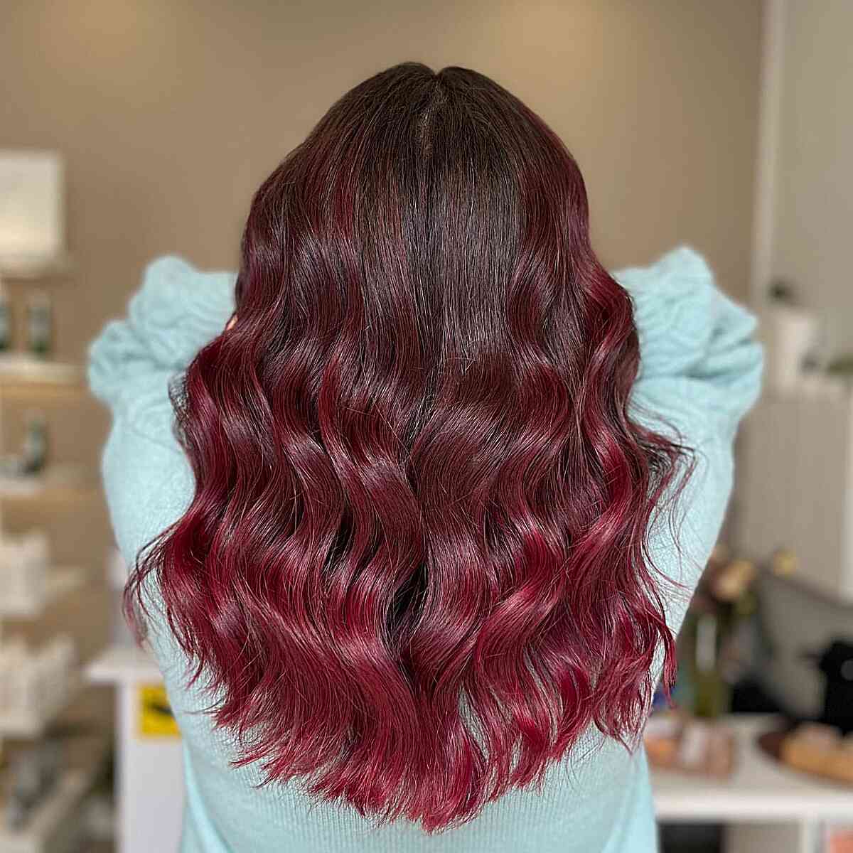 Dark-Rooted Ruby Red Balayage Ombre for Mid-length Locks