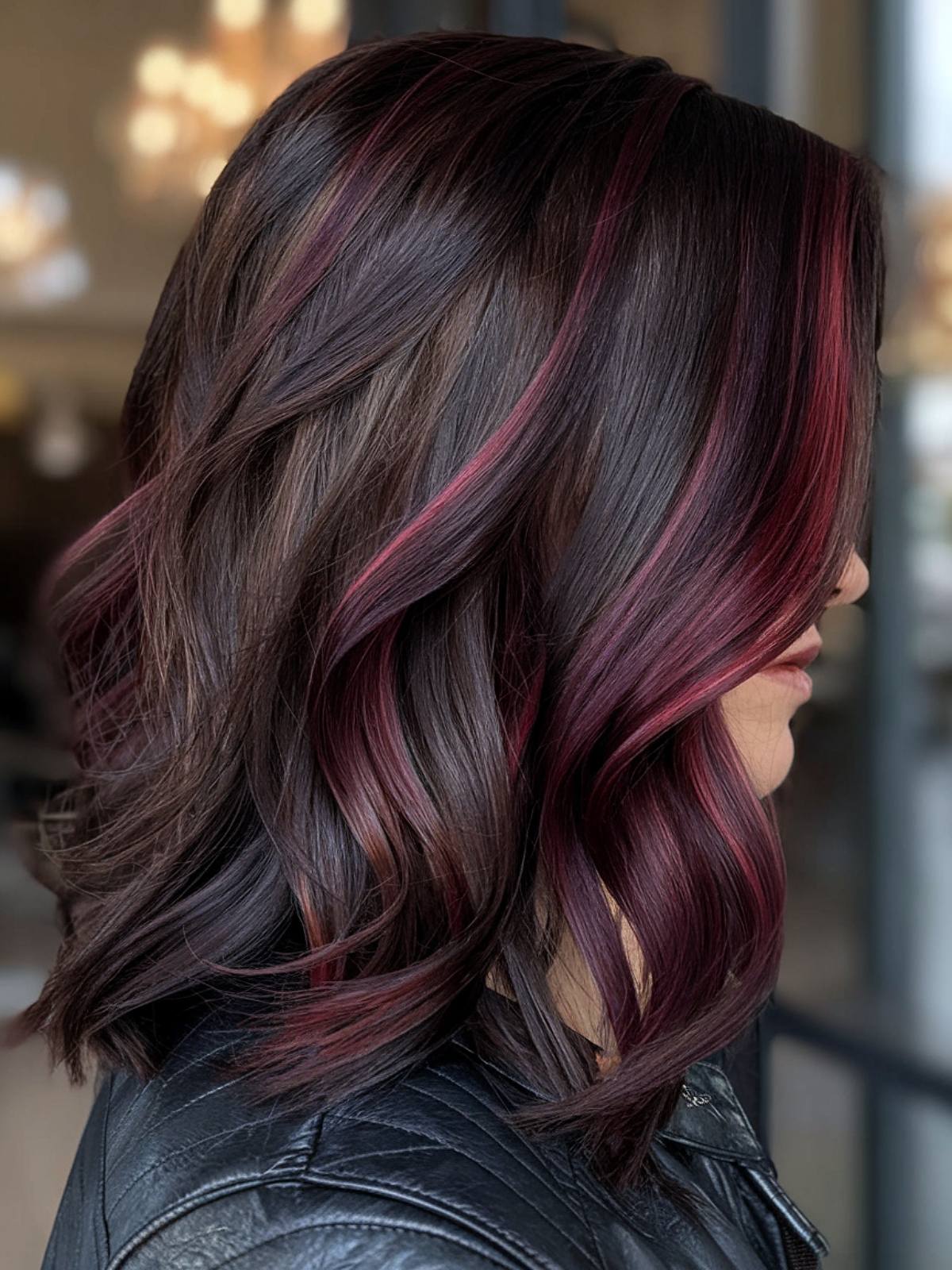 Ruby wine highlights on dark wavy hair