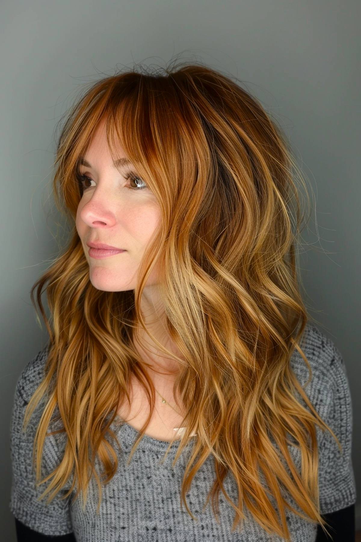 Rustic brown hair with copper balayage accents