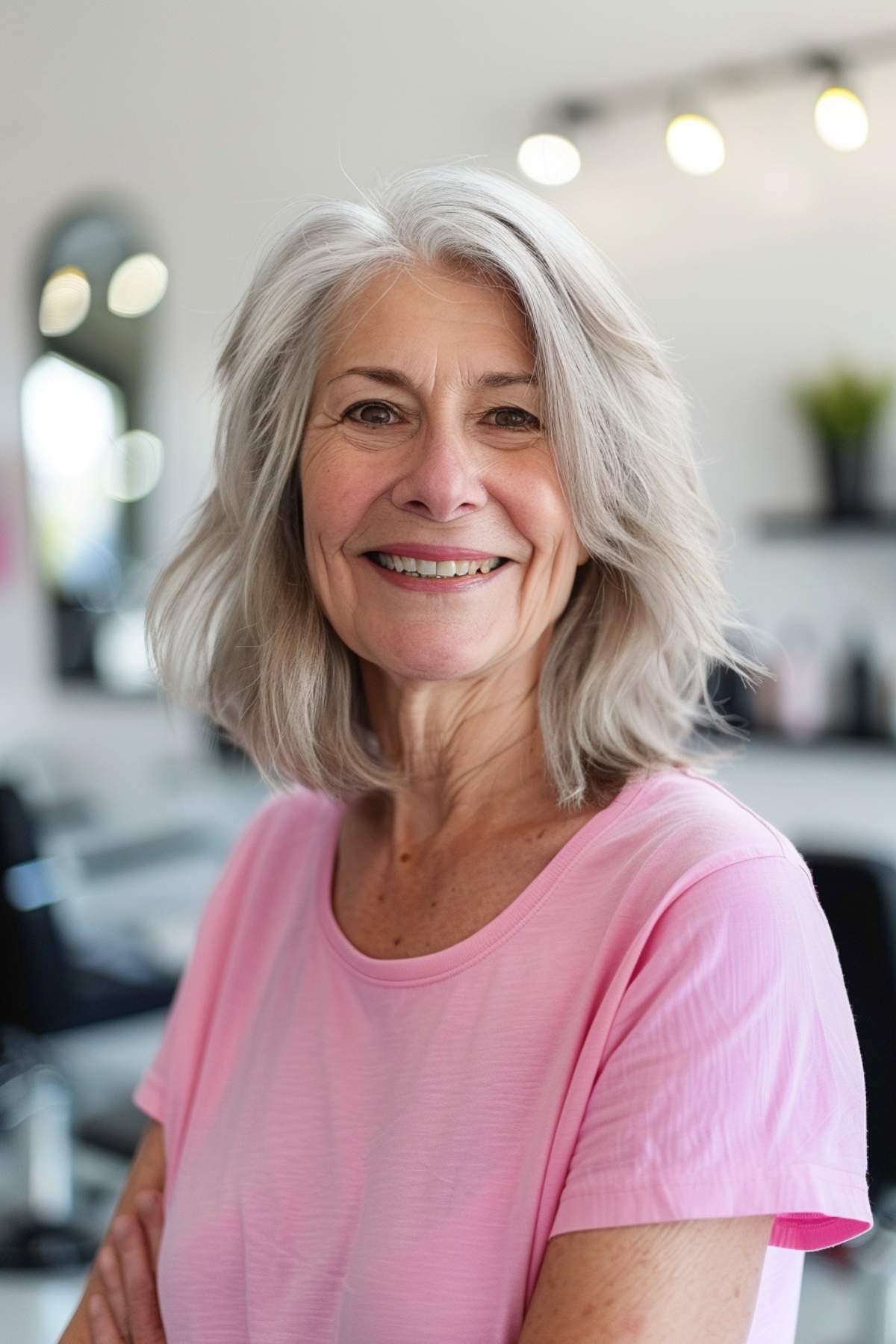 Sahag cut for women over 60 with fine hair, featuring soft waves and delicate layers.