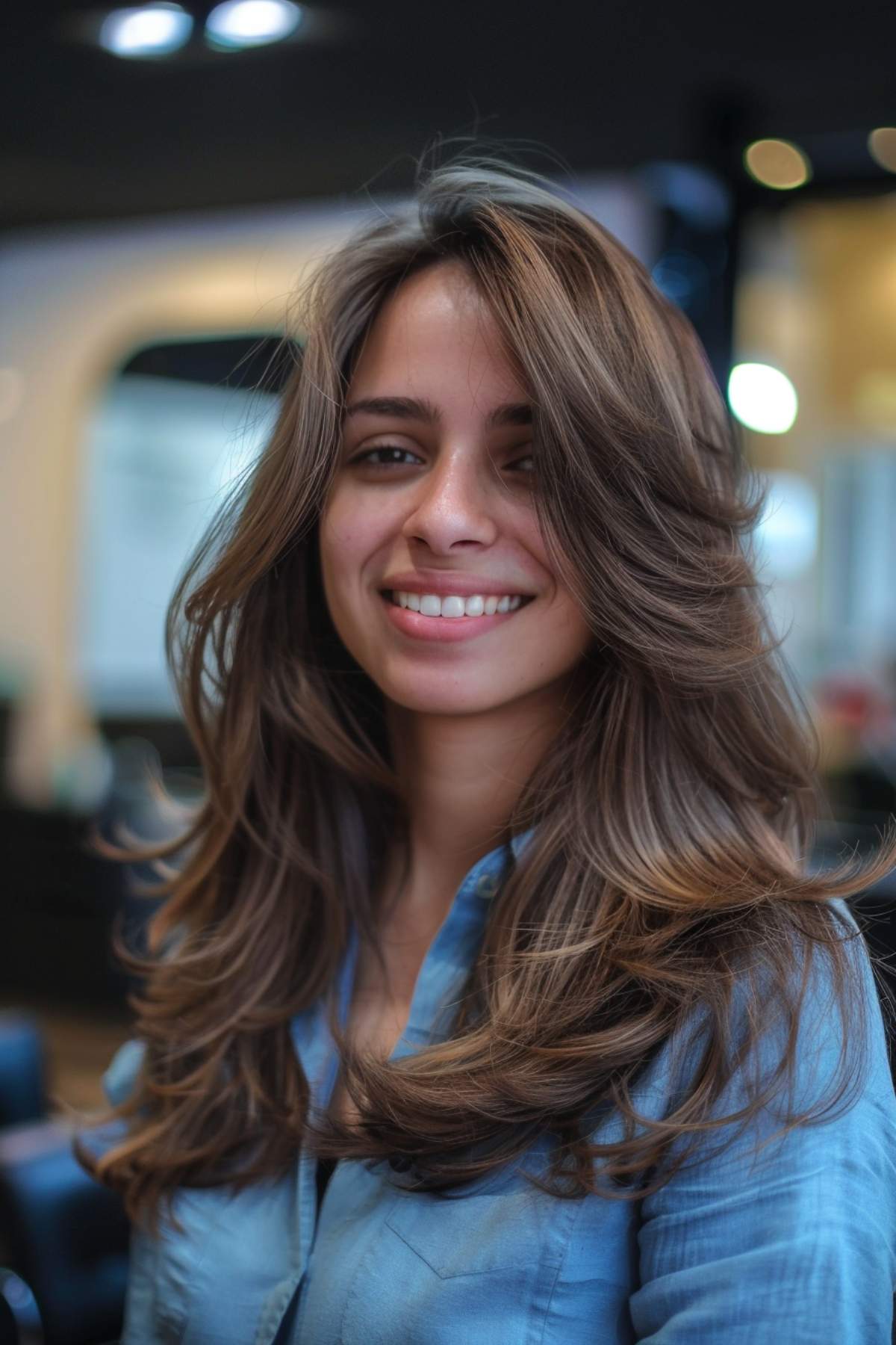 Sahag cut with subtle highlights and long layers for thick hair.