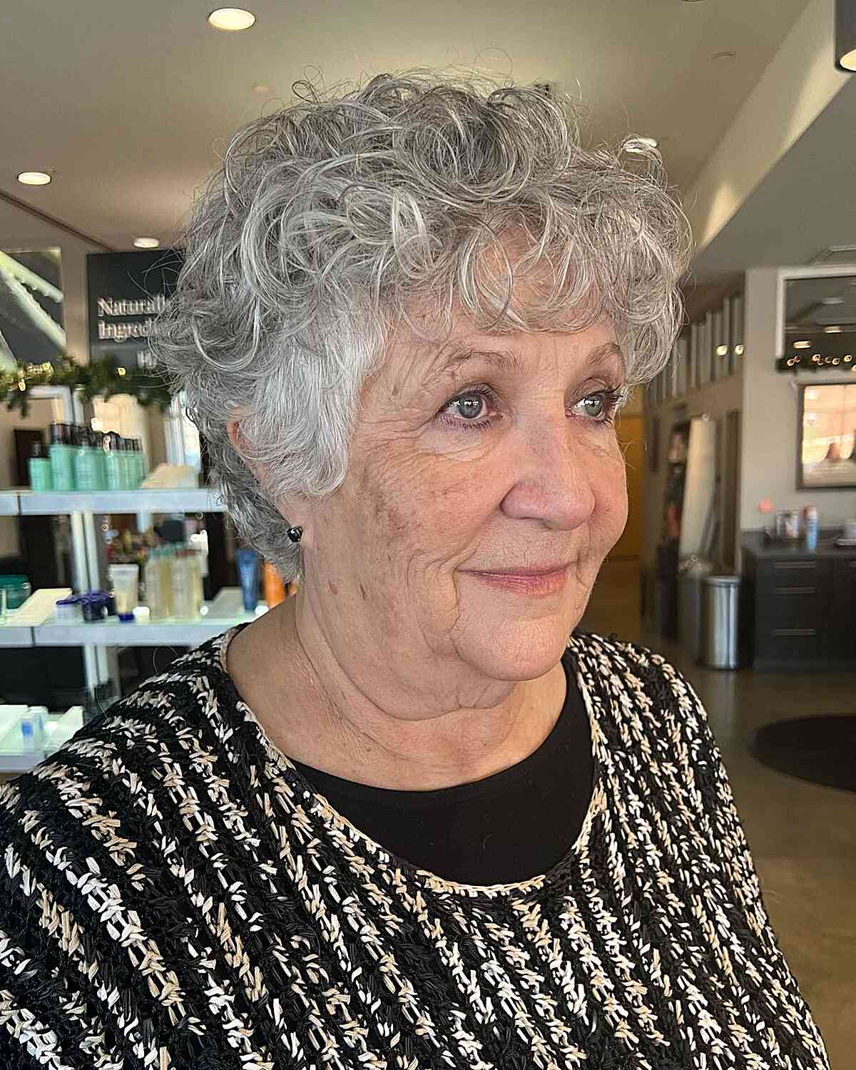 Salt and Pepper Curly Long Pixie for Women Over 60 with thin hair