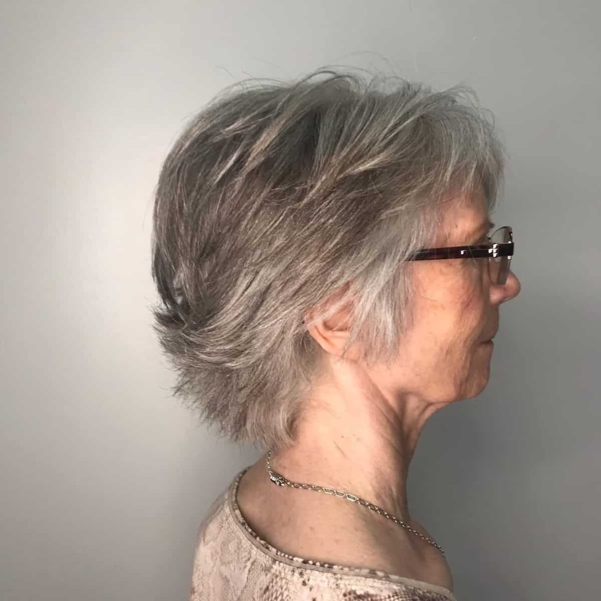 Salt and pepper shag for women over 60 with glasses
