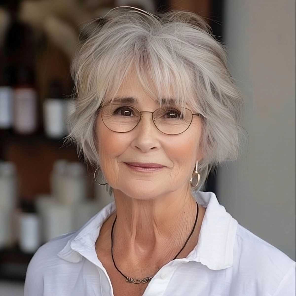 Salt-and-Pepper Short Shag with Bangs for 70-Year-Olds with Glasses