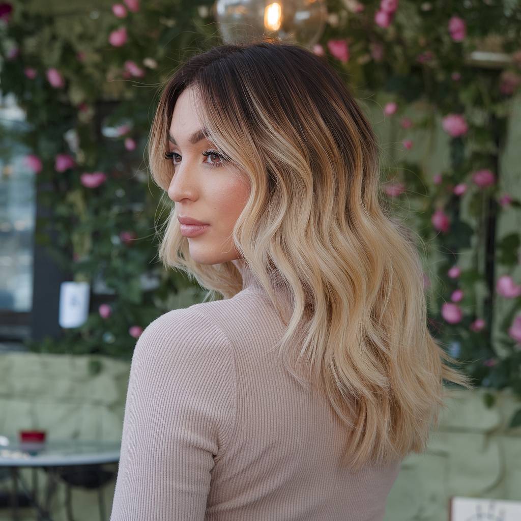 Soft wavy sandy blonde balayage hair, blending warm and cool blonde hues for a beachy spring style