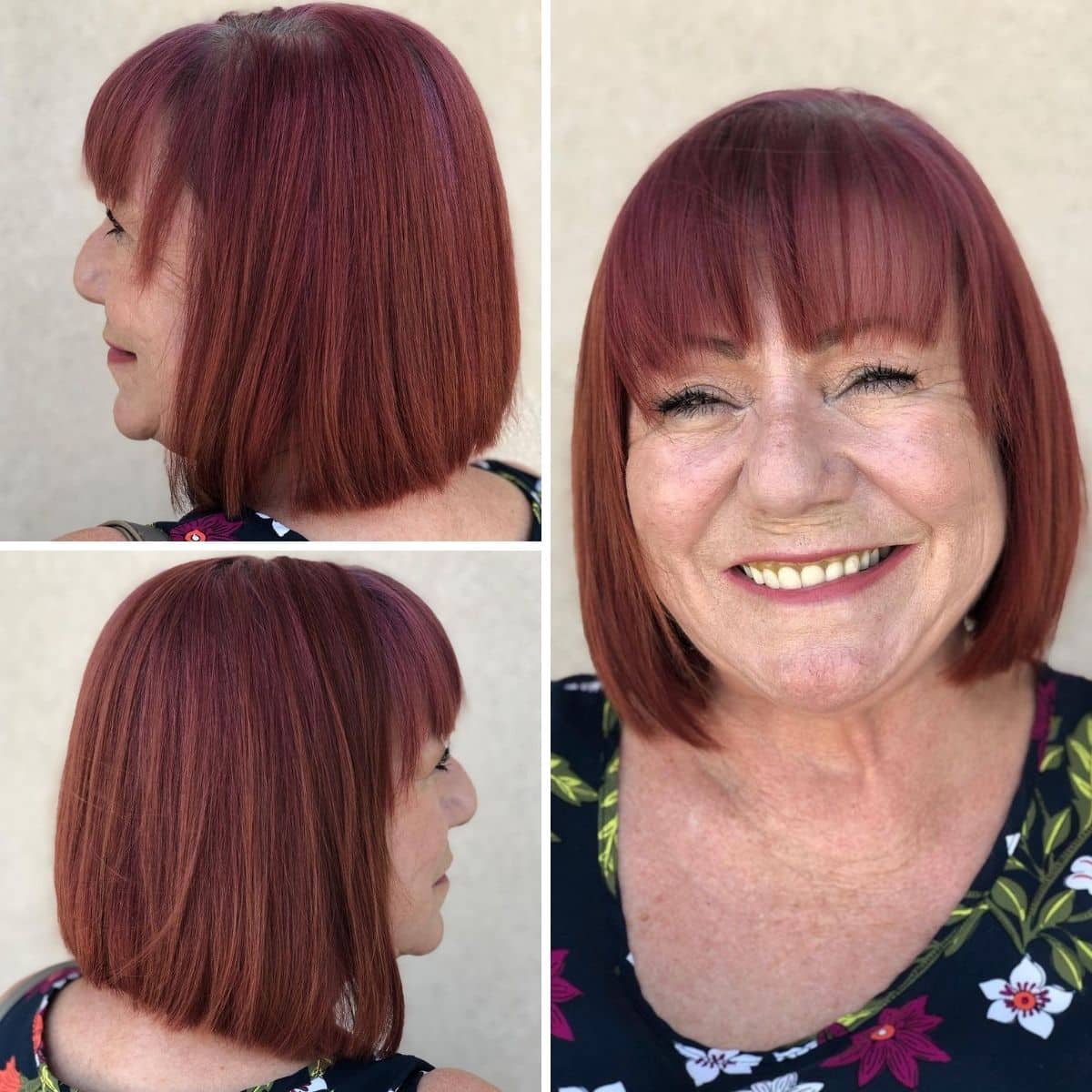 A women over 60 with a sassy A-Line Bob with Wispy Bangs