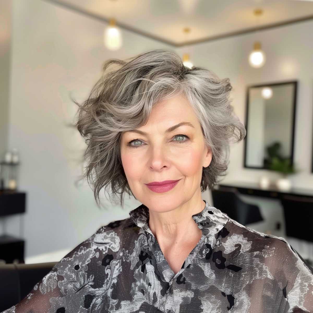 A woman with a flashy shoulder-length haircut featuring layered waves and a natural grey colour.