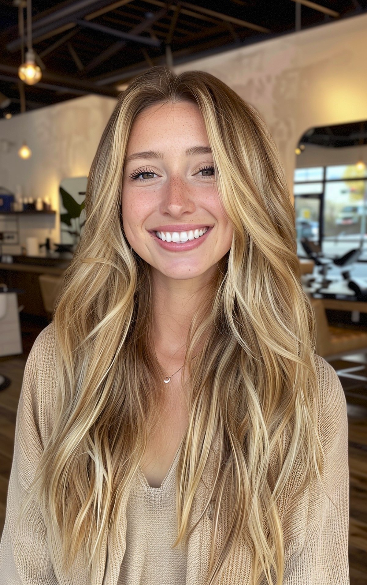 Long, layered haircut with blonde highlights for thick hair