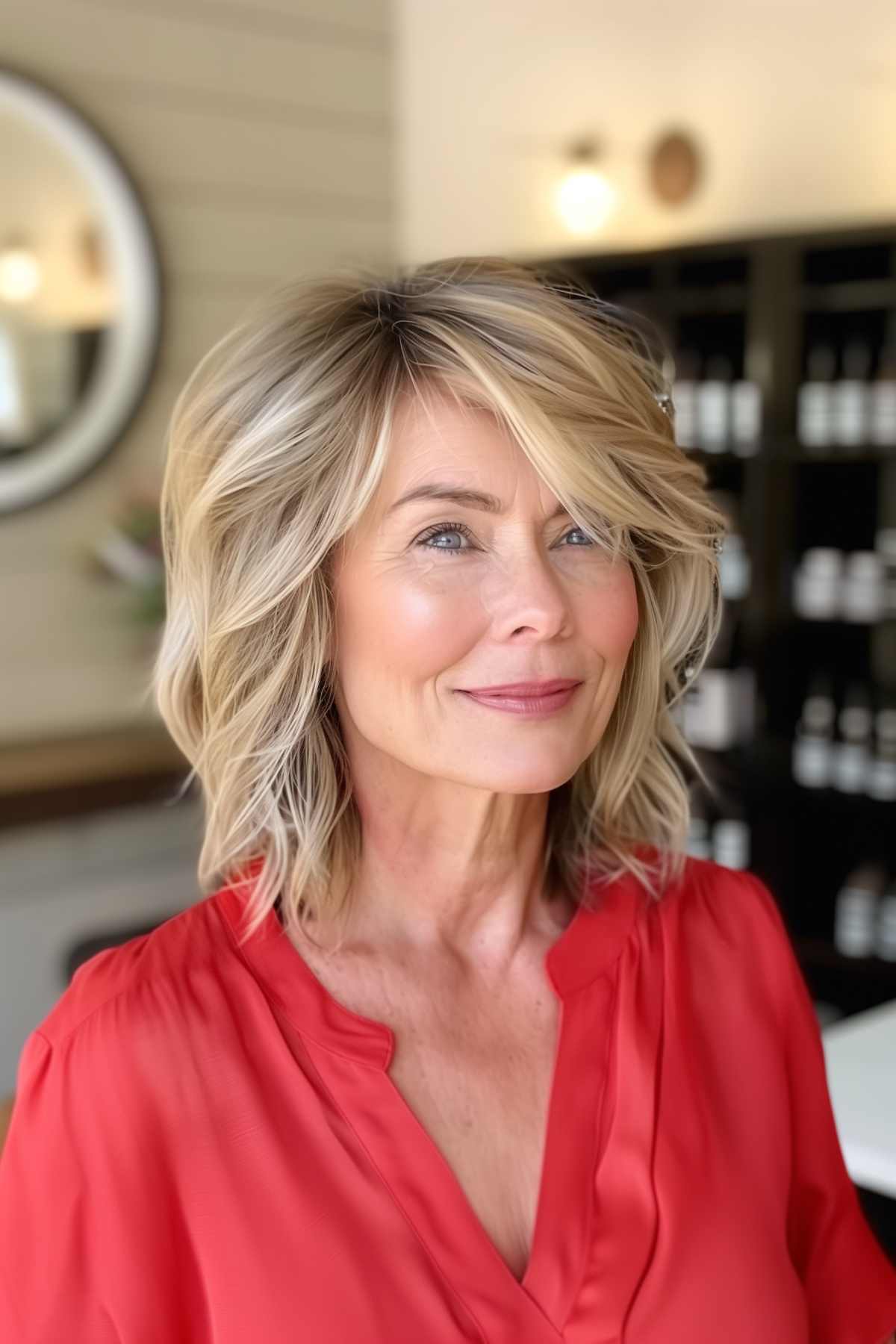 A woman with a layered cut featuring soft waves, blonde highlights and side-swept bangs.