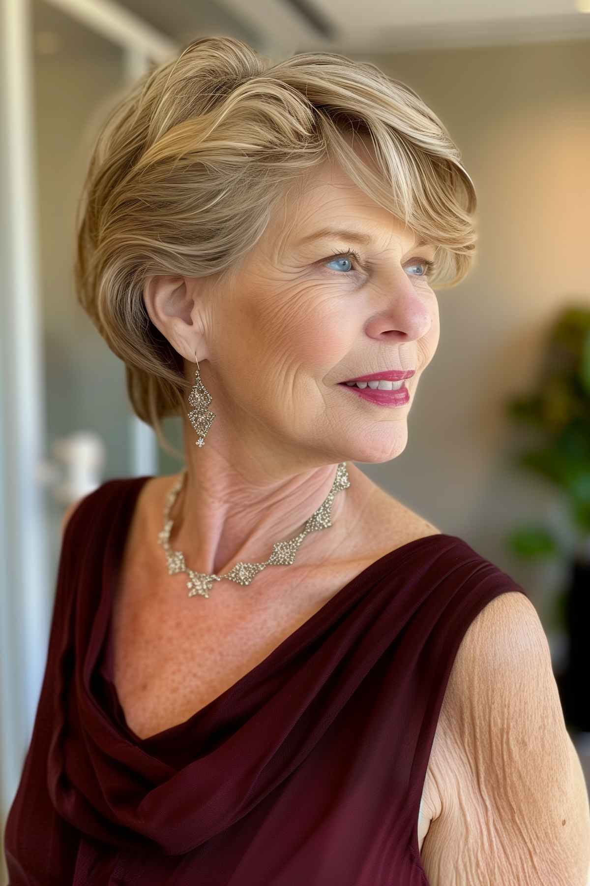 A woman with a short, layered haircut featuring feathery layers, side-swept bangs and warm blonde highlights.