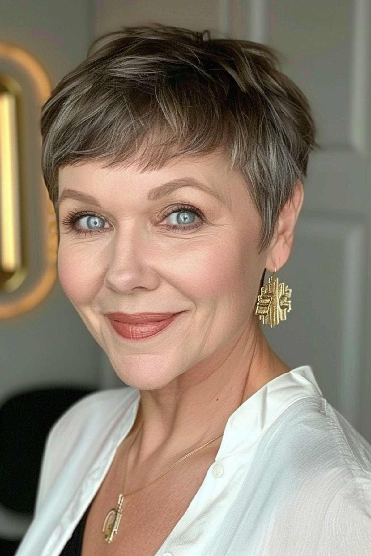 Woman with a sleek pixie cut featuring choppy layers, subtle lowlights, and a short fringe.