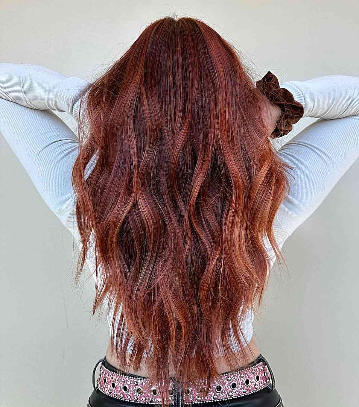 Scarlet Red Balayage Waves for ladies with long v-shaped hair