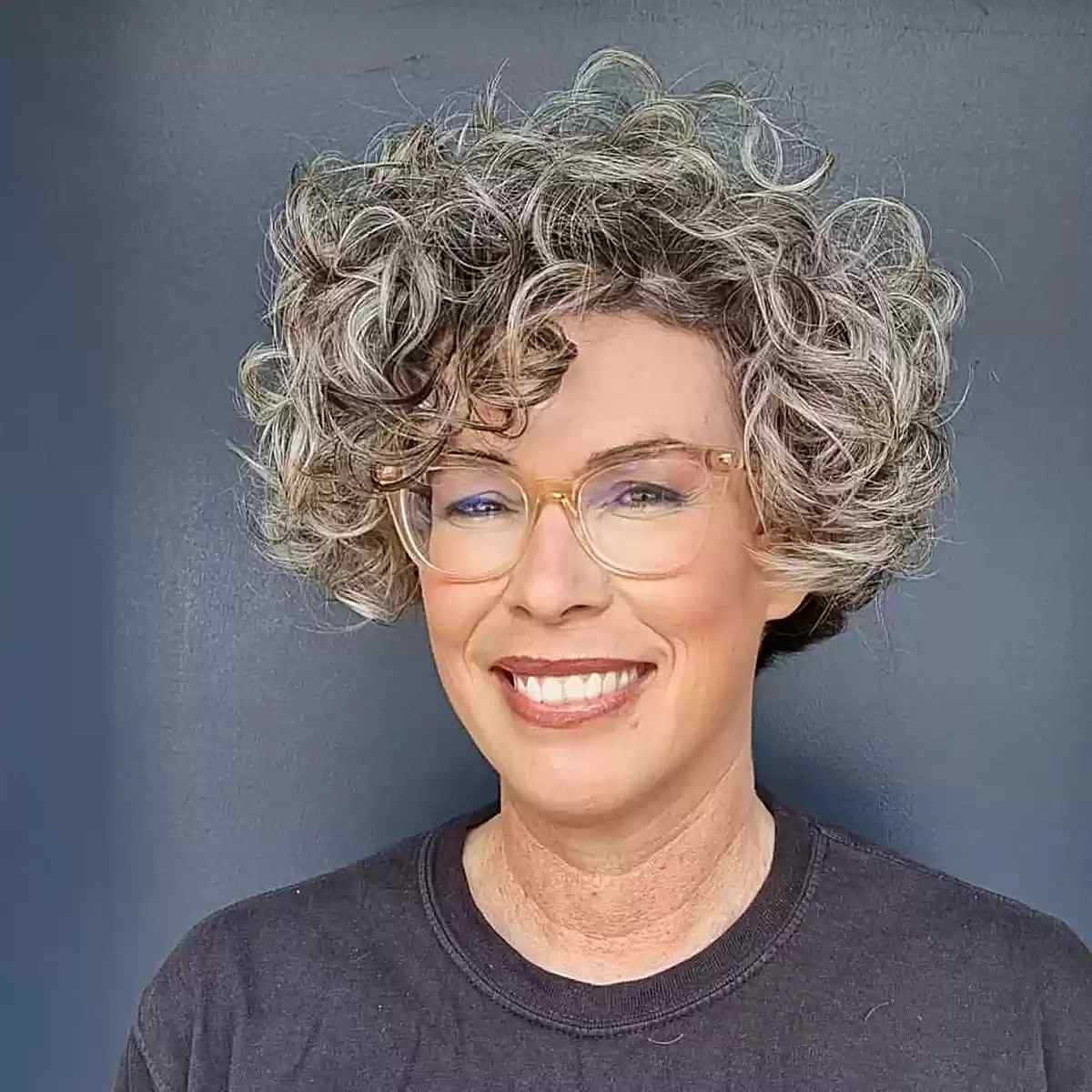 Scissor-Over-Comb Short Hair with Bouncy Curls on 50-Year-Old Ladies with Glasses