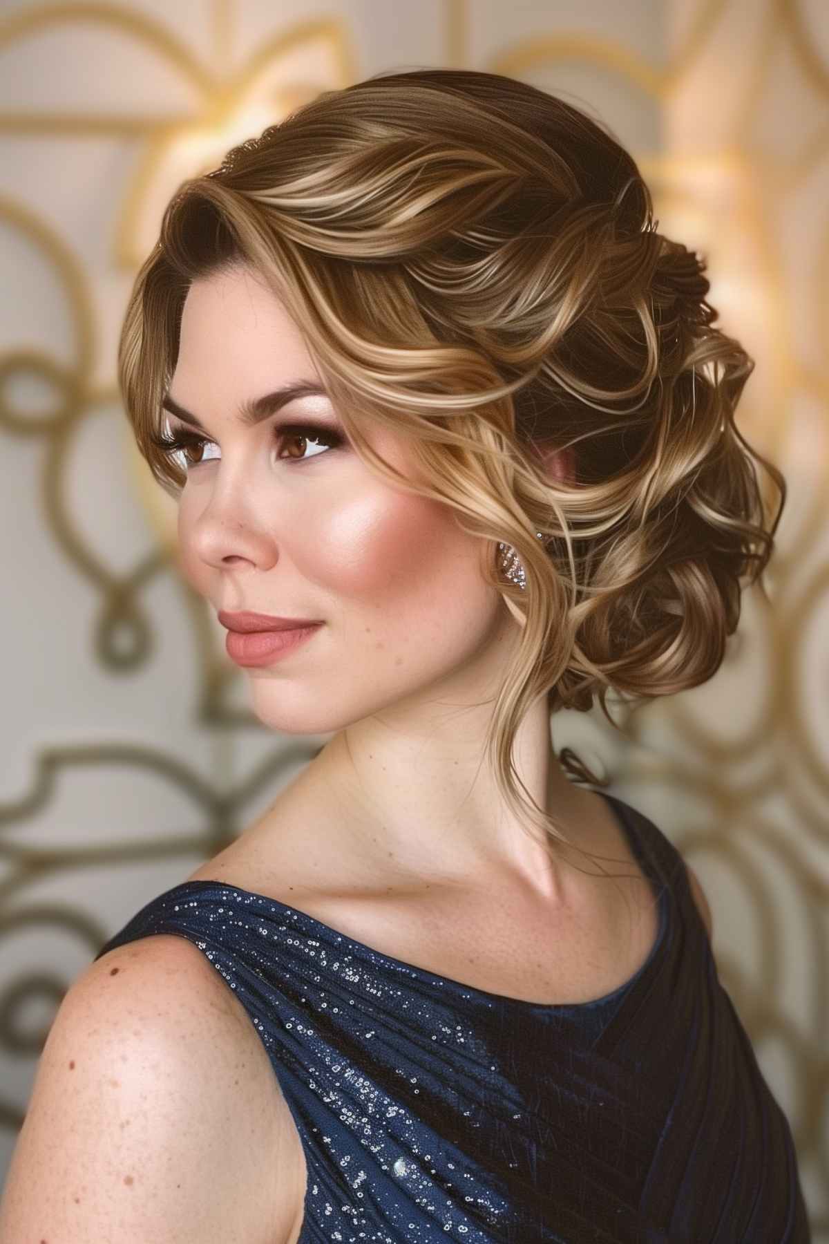 Elegant sculpted chignon with twists and curls, adding volume and sophistication for a wedding guest’s hairstyle.