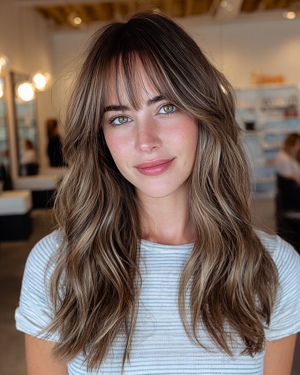 Layered brunette hairstyle with curtain bangs and sculpted long layers on wavy hair